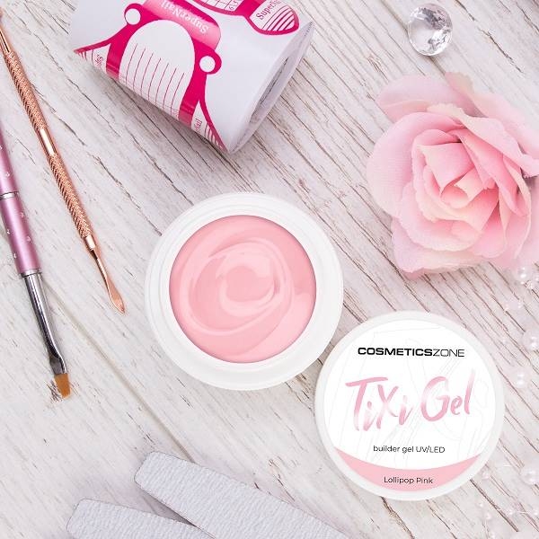 Otwarty słoiczek żelu do przedłużania paznokci TiXi Lollipop Pink z widoczną konsystencją