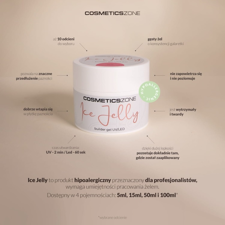 Cechy charakterystyczne gęstego żelu do przedłużania paznokci galaretki ICE JELLY Cosmetics Zone – infografika