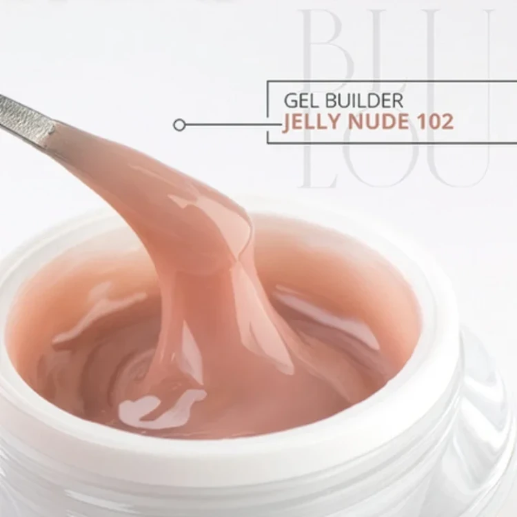 Gęsta konsystencja żelu galaretki BluLou Jelly Builder Gel Nude 102 nabierana łopatką ze słoiczka