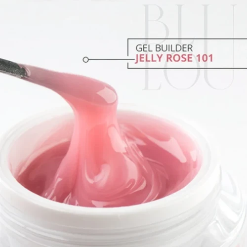 Gęsta konsystencja różowego żelu galaretki BluLou Jelly Builder Gel Rose 101 nabierana łopatką ze słoiczka