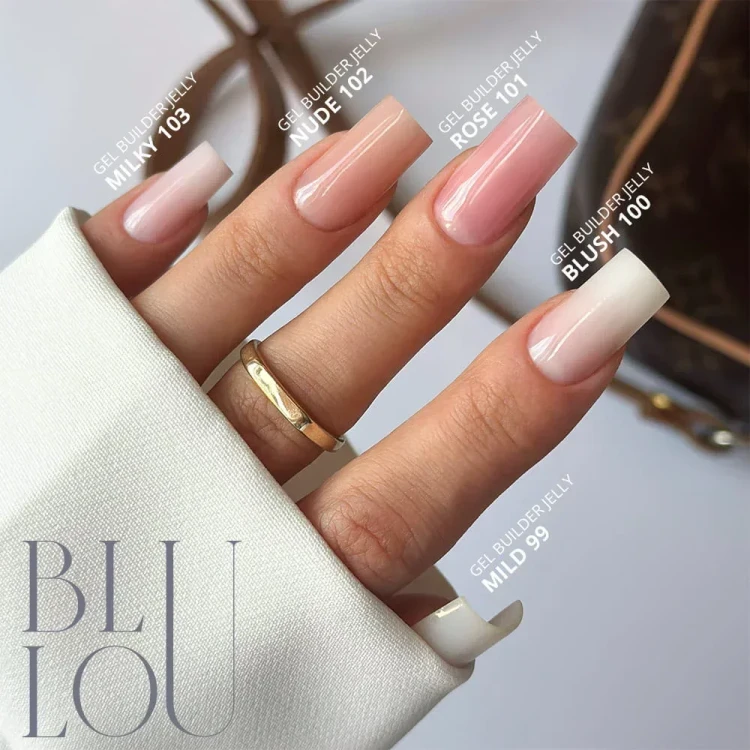 Porównanie odcieni żeli budujących BluLou Jelly Builder Gel na paznokciach w tym odcienia Rose 101
