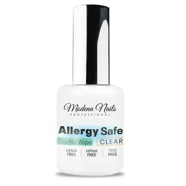Hipoalergiczny top nabłyszczający bez przemywania Modena Nails Allergy Safe Top No Wipe CLEAR HEMA Free